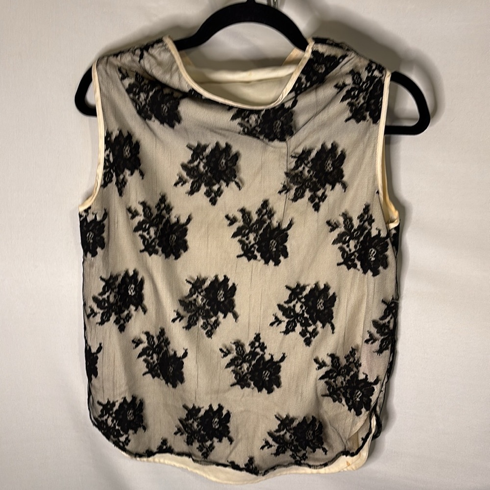 Calvin Tran Silk Lace Cream and Black Overlay Blouse Top elegant flora romantic